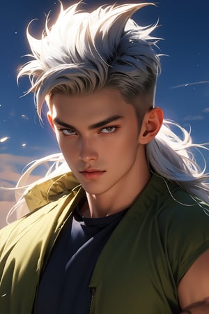 dragonball, gohan, son of goku, 18 years old, super beast, red eyes, realistic, 4k, silver hair, angry hair, long hair, japanese, rage, costume, piccolo cosplay,
