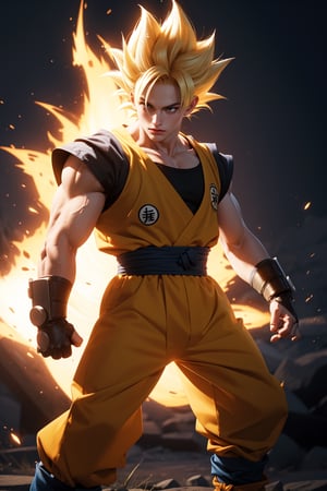 dragon ball, goku, super saiyan 2, kamehameha stance, realistic, 4k, golden warrior, blond hair, japanese, ruyibo