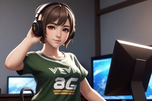 Female video game player, headset, beautiful, cute, high school girl, 17 years old, big breasts, futo, sexy pose, T-shirt, short shorts, short hair, in front of computer, waving to camera, well-dressed countenance