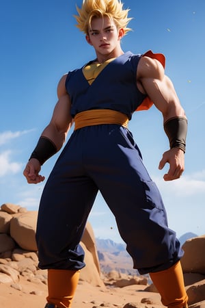 dragon ball, son gohan, son of goku, 18 years old, school uniform, super saiyan 2, kamehameha stance, realistic, 4K, golden warrior, blonde hair, japanese, holding 如意棒, 如意棒, length 1800mm, golden tip, middle black, outfit, piccolo costume cosplay