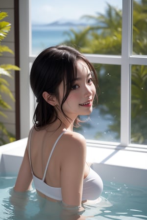 Bath, white shirt, wet, cleavage, real, Japanese woman, 25 years old, big tits, well defined face, child face, cute, smile, bobbed hair, chubby, bare shoulders, side view shot, bare ass, background, outside window, hot springs,,beautiful beach