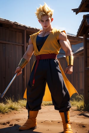 dragon ball, son gohan, son of goku, 18 years old, super saiyan 2, kamehameha stance, realistic, 4K, golden warrior, blonde hair, japanese, holding ruyibo, ruyibo length 1800mm, golden tip, black middle, outfit, piccolo costume cosplay