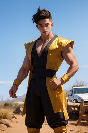 dragon ball, son gohan, son of goku, 18 years old, super saiyan 2, realistic, 4k, golden warrior, blond hair, japanese, holding ruyibo, ruyibo, two hands, length 1800mm, golden tip, middle black, outfit, piccolo costume cosplay