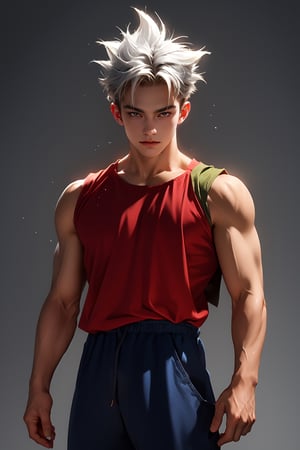 dragonball, son gohan, son of goku, 18 years old, super beast, red eyes, realistic, 4k, silver hair, japanese, anger, costume, piccolo cosplay,...