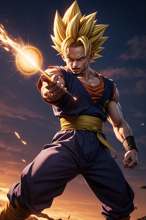 Dragon Ball, Son Gohan, Son Goku's son, 18 years old, school uniform, Super Saiyan 2, Kamehameha stance, realistic, 4K, golden warrior, blond hair, Japanese, holding Nyoi Bou