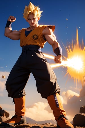 dragon ball, son gohan, son of goku, 18 years old, school uniform, super saiyan 2, kamehameha stance, realistic, 4K, golden warrior, blond hair, japanese, holding 如意棒, 如意棒 1800mm long, golden tip, black middle,