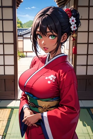 ultra_detailed, high-quality, masterpiece, beauty, (entire_plane), 1girl, female_solo, green_eyes, dark_skinned_female, pink_lips,front_view, traditional_japanese_house, detailed_background,dark-skinned female,dark skin, front-view,big_breasts,red_head ,breasts,big breasts
