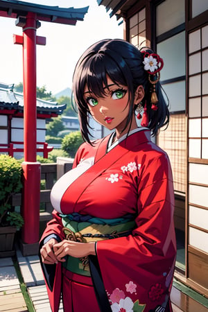 ultra_detailed, high-quality, masterpiece, beauty, (entire_plane), 1girl, female_solo, green_eyes, dark_skinned_female, pink_lips,front_view, traditional_japanese_house, detailed_background,dark-skinned female,dark skin, front-view,big_breasts,red_head ,breasts,big breasts