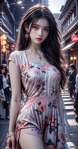 huge breasts(masterpiece, best quality, ultra high res, photorealistic, realistic, raw photo, real person, photograph), (amazing, finely detail, an extremely delicate and beautiful,oncept art), intricate detail, professional, official art,1girl, long curly hair, thigh, full body, Sexy, summer dress, (floral print,sparkly:1.2), mellow, big Chest, big, butt, (modern fashion background:1.2), studio, luxury, gorgeous, JoJo pose, Rings, earrings, necklace, bangle, closed smile,(neon:1.2), Low shutter, most beautiful artwork in the world, aesthetics, atmosphere, dynamic Angle,huge breasts