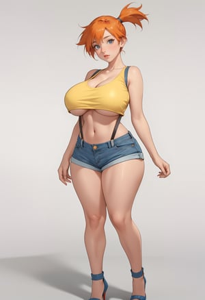 1girl, solo, (full body:1.4), (huge breasts:1.6), (thick tighs:1.4), misty (pokemon), orange hair, solo, shorts, suspenders, side ponytail, orange hair, midriff, yellow crop top, navel, short hair, denim, denim shorts, cleavage, (underboob:1.2), navel, (high heels), standing
,venusbody, breasts are not the same size, 8k, uhd, masterpiece, best quality, perfect face, perfect hands, perfect eyes, perfect mouth, perfect anatomy, extremely detailed textures, (perfectly upscaled image:1.5), detailed hair, atb, misty (pokemon)