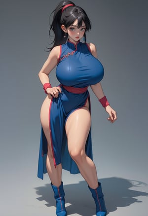 1girl, solo, (full body:1.4), (huge breasts:1.6), (thick tighs:1.4), dragon ball, bbchichi, (low ponytail:1.1), black eyes, chinese clothes, blue dress, sleeveless, wristband, sash, blue boots, (high heels), standing
,venusbody, breasts are not the same size, 8k, uhd, masterpiece, best quality, perfect face, perfect hands, perfect eyes, perfect mouth, perfect anatomy, extremely detailed textures, (perfectly upscaled image:1.5), detailed hair, atb