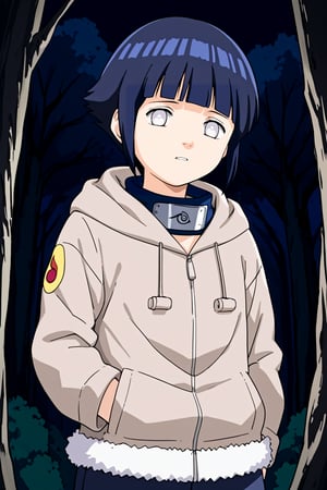 score_9,score_8_up,score_7_up, HINATA HYUGA, SHORT HAIR, WHITE EYES ,BANGS, BLUNT BANGS,LONG SLEEVES, PANTS, HOOD,KONOHAGAKURE SYMBOL,FUR TRIM, JACKET, dark, very dark night, dark atmosphere, creepy, head tilted, black ooze leaking out of face, glowing eyes, hiding behind tree, dynamic angle, close view, eyes wide with malevolence, close view, an alternate, a copy right behine, another hinata standing in the background  