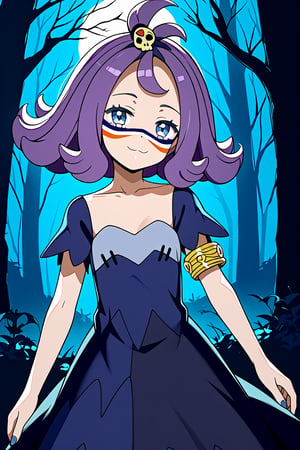  acerola(Pokemon), purple hair, purple hair, topknot, flipped hair, collarbone, purple dress, stitches, multicolored dress, armlet, soft diffused lighting, eye level, Lumix GH5, desaturated grunge filter, natural_body, bedroom eyes, intdoors, saradaSDXL, in dark forest, halloween facepaint, skull facepaint,