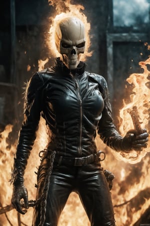An ultra detailed, a female version of ghost rider, hyper realistic, digital art, cinematic, art by David Finch and Artgerm, marvel comics, ultra sharp focus, award winning photograph, perfect contrast, high sharpness, depth of field, ultra detailed photography, global illumination, smooth, ultra high definition, 8k, unreal engine 5, ultra sharp focus, ,Fire,REALISTIC,ghostrider
