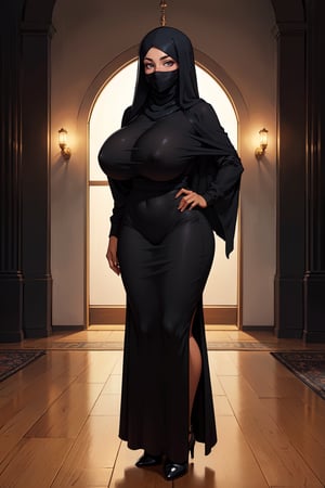 Beautiful, masterpiece, 1 woman, Muslim, ((full body)), ((black hair)), ((big tits)), ((black burqa)) dressed in a burqa,,, smiling, ,warm look and friendly, in a mosque,dark skin