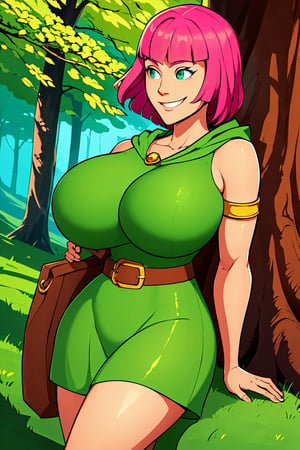 Beautiful, masterpiece, 1 woman, 1 archer from clash of clan, ((full body)), (( medium tits)), 8k, ((pink hair)) ((green tunic)) short hair, smiling, in a forest