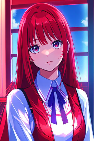 detailed cg, anime picture, anime_screencap, chromatic_background, depth of field, blurry_background,1girl, solo , best_quality, high_resolutionm, Detailedface, colorized, look, red hair tips, beatifull_eyes, perfect_skin, full_body,High_Quality, Masterpiece, anime best quality, deailed eyes,konomi kasahara, media shot, scare in face