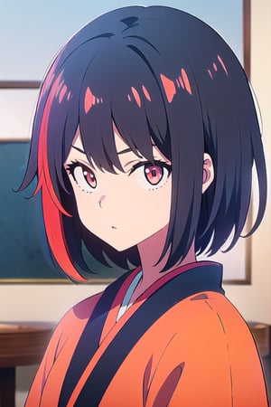  Topaz_(Honkai: Star Rail), detailed cg, anime picture, anime_screencap, chromatic_background, depth of field, blurry_background,1girl, solo ,black-hair, best_quality, high_resolutionm, Detailedface, colorized, look, red hair tips, japanese_clothes, room background.