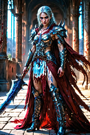 (full body), illustration of a female gladiator, beautiful face, large blue eyes, a very high quality image, extreme details of realism, ultra definition, 4k UHD, masterpiece, gladiator movie style, silver hair, bloody torn skin, blood-stained silver armor, silver boots, large breasts, blood on face,  long scar in face, gritty complexion, aura ghostly surroundings, grim atmosphere,real_booster,photo r3al, cinematic moviemaker style,Decora_SWstyle,scythe