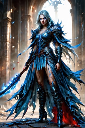 (full body), illustration of a female gladiator, beautiful face, large blue eyes, a very high quality image, extreme details of realism, ultra definition, 4k UHD, masterpiece, gladiator movie style, silver hair, bloody torn skin, blood-stained silver armor, silver boots, large breasts, blood on face,  long scar in face, gritty complexion, aura ghostly surroundings, grim atmosphere,real_booster,photo r3al, cinematic moviemaker style,Decora_SWstyle,scythe,DonMB4nsh33XL 