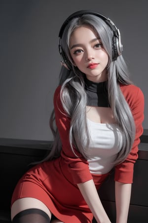 warm light room Beautiful woman with silver long hair against a grey background.over-the-ear headphones Smile,black tights top, red dress,red eyes,Girl