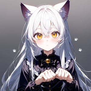 masterpiece, best quality, extremely detailed, anime, 1boy, solo, detailed face, male focus, cat eyes, long hair, teenage, kawaii, cat-ears, golden eyes, eyelashes, long hair, gothic clothes, long sleeves, bow tie, no background, cat's paw prints on background, paw pose, looking up, ani_booster