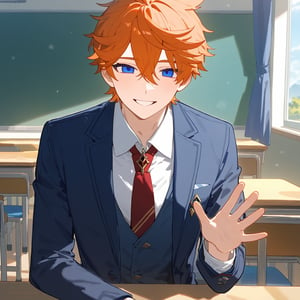 masterpiece, anime, newest, rating:general, 1boy, 1male, male focus, mature male, ((solo)), Tartaglia, Genshin impact, joyful, orange hair, blue eyes, empty eyes, looking at you, (school uniform, navy blue blazer), long sleeves, necktie,warming atmosphere, modern classroom