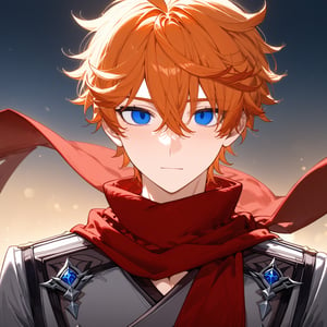 masterpiece, anime, newest, rating:general, 1boy, 1male, male focus, mature male, ((solo)), Tartaglia, Genshin impact, shorthair, orange hair, blue eyes, empty eyes, clear eyes, red scarf, long sleeves, floating hair, bust shot, face focus,Eyes,Beautiful eyes