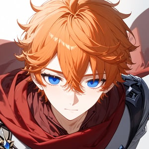 masterpiece, anime, newest, rating:general, 1boy, 1male, male focus, mature male, ((solo)), Tartaglia, Genshin impact, shorthair, orange hair, blue eyes, empty eyes, clear eyes, red scarf, long sleeves, floating hair, bust shot, face focus,dutch angle,Eyes,Beautiful eyes