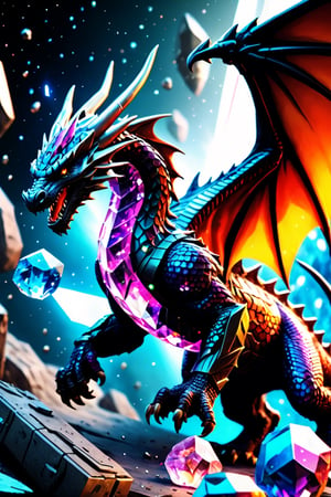 A dragon made of crystals fighting a spaceship, epic anime style, photorealism, futuristic, Comic Book-Style, battle, colorful, 