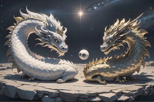 (masterpiece), science fiction, a yin yang formed by 2 dragons, the first dragon is colorful and made of crystals, the second dragon is white and has ivory scales,dragon, space and stars in background with a black hole in distance
,long