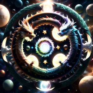  two dragons circling each other in a circular shape, space and planets in the background, yin yang, photorealistic, pixar 3d render look,Disney pixar style, a magical portal in the center of the picture appears from the magic of the dragons flying around it, dragons entertwined in a celtic knot pattern