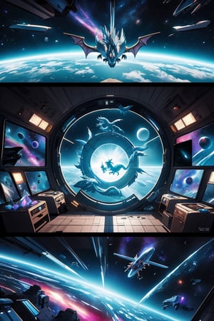 A crystal dragon flying in space and creating a portal ,comic_book_cover, comic_book_panels, Main cover art should be of a space ship and two chinese style dragons falling into a nebula like portal, epic anime style, photorealism, Futuristic room, The title of this comic must say "CRYSTALDRAGON.SPACE PRESESNTS", include the title crystaldragon.space