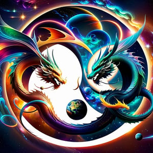  two dragons circling each other in a circular shape, space and planets in the background, 