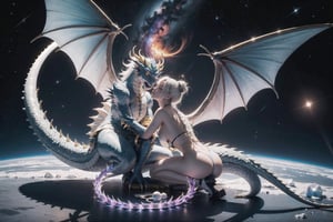 (masterpiece), science fiction, a yin yang formed by 2 dragons, the first dragon is colorful and made of crystals, the second dragon is white and has ivory scales, space and coloful nebulas in the background, the dragons are merging together