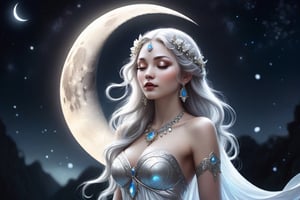 Beautiful moon goddess covered in nightly glow with detailed silver features in the moon with illuminating moonshine, beams; by anna dittmann, floradriel, digital painting, extreme detail, 120k,  ultra hd, hyper detailed, white, wlop, digital painting; crystal body