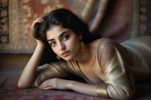 intimate, sensual, luminescent nude portrait of a young Iranian girl, soft focus, delicate features, warm golden lighting, subtle shadow, gentle curves, inviting gaze, elegant pose, classic fine art, oil on canvas, impressionist, romantic, dreamy atmosphere, Persian architecture, intricately patterned carpet, subtle textures, soft folds of fabrics, delicate hands, intricate henna designs, dark hair, hypnotic brown eyes, soft pink lips, sensual mouth, delicate eyebrows, subtle makeup, classical Persian attire, luxurious fabrics, soft Persian rugs, subtle jewelry, style of Rembrandt, Vermeer, and Schiele,