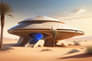 A futuristic dwelling set within the iconic Star Wars universe, a sprawling house with curved lines and angular architecture, reminiscent of Tatooine's rustic settlements. Softly glowing blue lights illuminate the exterior, casting a warm ambiance on the sandy terrain. A sleek speeder or starship parked outside adds a touch of intergalactic adventure.