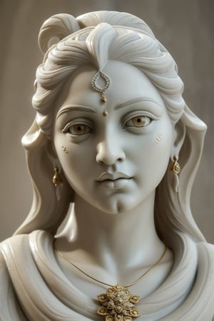Generate a mesmerizing image of a Marathi girl depicted as a marble sculpture, with facial features resembling those of actress Deepika Padukone. The sculpture should embody the timeless beauty, grace, and cultural heritage of Maharashtra, India. The girl's facial structure should reflect the characteristics typical of Marathi ethnicity, such as almond-shaped eyes, a straight or slightly curved nose, and full lips, sculpted with exquisite detail and precision. The sculpture's expression should evoke a sense of serenity, dignity, and inner strength, capturing the essence of both the Marathi culture and Deepika Padukone's iconic presence. Adorn the sculpture with traditional Marathi jewelry, such as a nose ring (nath), earrings (kolhapuri saaj), and a necklace (thushi), intricately carved into the marble to enhance its elegance. The sculpture's hair can be depicted flowing gracefully, with delicate curls or braids sculpted with meticulous craftsmanship. The overall composition should convey a sense of timelessness and beauty, paying homage to both Marathi culture and the enduring legacy of Deepika Padukone's stardom."