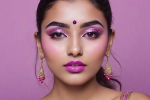Young adult indian female with glittery pink makeup around her eyes, pink lipstick, and groomed eyebrows, plain light purple color background,style,more detail XL