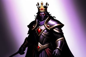 A shadowed figure wearing a crown, with glowing red eyes.
Color Scheme Black, gold, light_purple_eyes
logo design of Kingslayer Starborn 
