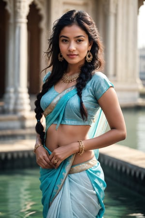 Beautiful young indian woman 24 years, wearing a pale blue saree, very beautiful, traditional, hindu aesthetic, detailed face, detailed body, oily skin, symmetric face, cute,, smily face, soft body, sweaty clothes, long braid hair, masterpiece, ultra realistic, detailed background, high resolution, god rays, Ray tracing, ambient lighting, ambient occlusion, depth of field, post-processing, 8K, real life, beautiful face, the view of the temple and river ganges is epic, realistic, real life, looking_at_viewer, wearing earings, wearing bangles, real_life, realistic, real life, fairy tone, complexion fair, Standing in water, taj mahal behind her, detaled_background