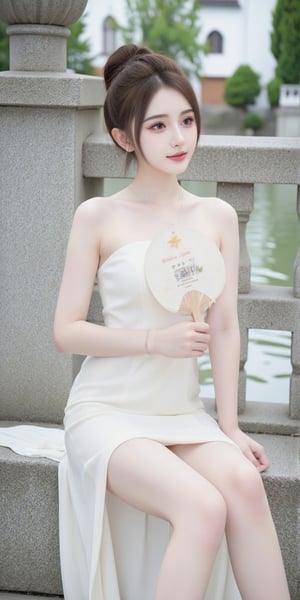 1girl, solo, brown hair, dress, holding, jewelry, sitting, outdoors, hair bun, white dress, bracelet, looking to the side, vietclothes, single hair bun, sexy dress, hand fan, holding fan, photo background,shiny pantyhose,shiny skin,