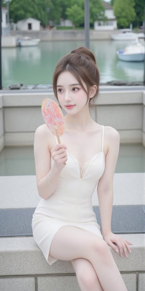 1girl, solo, brown hair, dress, holding, jewelry, sitting, outdoors, hair bun, white dress, bracelet, looking to the side, vietclothes, single hair bun, sexy dress, hand fan, holding fan, photo background,shiny pantyhose,shiny skin,