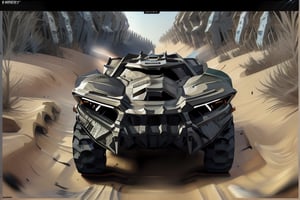 future looking racing vehicle, driving in desert, with bracket instead of handlebar, the vehicle has no cockpit, blessedtech,pdrally,CURIOSITY,mxsuv, Armored vehicle off-road Dakar,cyber,Science fiction,Mecha,Futuristic room