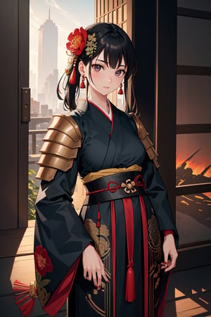 1girl, solo, long hair, looking at viewer, bangs, black hair, hair ornament, red eyes, long sleeves, holding, jewelry, closed mouth, standing, flower, earrings, japanese clothes, hair flower, wide sleeves, kimono, nail polish, sash, obi, floral print, red flower, tassel, red nails, red kimono, body armor, dragon armor, metropolis, road, urban, downtown, architecture, building, cityscape, town, modern, street, business, center, graphic, travel, landscape, house, office, night, light, dynamic, construction, skyline, concept, world, sky, window, morning, city, tints and shades, symmetry, midnight, darkness,  japanese clothes armor, clothes armor, kimono armor, Lecture, perfect composition, beautiful detailed intricate insanely detailed octane render trending on artstation, 8 k artistic photography, photorealistic concept art, soft natural volumetric cinematic perfect light, chiaroscuro, award - winning photograph, masterpiece, oil on canvas, raphael, caravaggio, greg rutkowski, beeple, beksinski, giger
