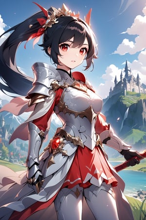 1girl, solo, long hair, breasts, looking at viewer, open mouth, bangs, black hair, red eyes, long sleeves, holding, very long hair, standing, weapon, outdoors, parted lips, sky, day, cloud, holding weapon, armor, blue sky, feet out of frame, red skirt, grass, shoulder armor, pauldrons, breastplate, mountain, castle, A women in dragon armor, genshin impact
