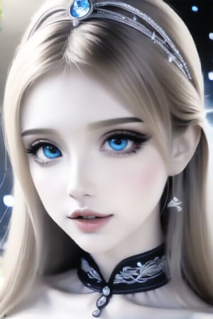 Beautiful girl, Calca Bessarez (Overlord), long hairstyle, blonde hair, blue eyes, tiara, princess, white dress, masterpiece quality, light particles, beautiful face, calm face, emo, looking at viewer, upper body, Anime Style., highly detailed,big eye,Double eyelids,cosplay,Under-eye bag,Deep socket,big pupil,make up,