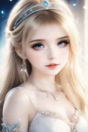 Beautiful girl, Calca Bessarez (Overlord), long hairstyle, blonde hair, blue eyes, tiara, princess, white dress, masterpiece quality, light particles, beautiful face, calm face, emo, looking at viewer, upper body, Anime Style., highly detailed