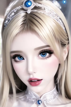 Beautiful girl, Calca Bessarez (Overlord), long hairstyle, blonde hair, blue eyes, tiara, princess, white dress, masterpiece quality, light particles, beautiful face, calm face, emo, looking at viewer, upper body, Anime Style., highly detailed,big eye,Double eyelids,cosplay,Under-eye bag,Deep socket,big pupil,make up,shiny sexy pantyhose, tongue out, aroused face, 